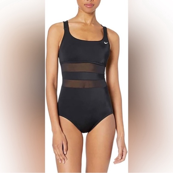 NWT Nike Women's Black Mesh Solid Edge V-Back One Piece Swimsuit Sz L - Picture 1 of 10